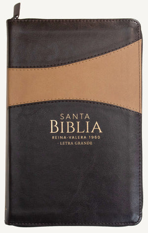 Biblia RVR 1960 Letra Grande Tamaño Manual Símil Piel Duotono Café con Índice y Cierre