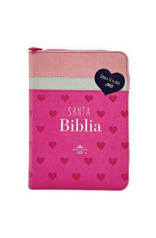 Biblia RVR 1960 Bolsillo Fucsia Blanco Rosa con Corazones Símil Piel con Cierre