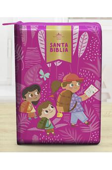 Biblia RVR 1960 Interactiva Para Niños Letra Grande Rosa Símil Piel Con Cierre